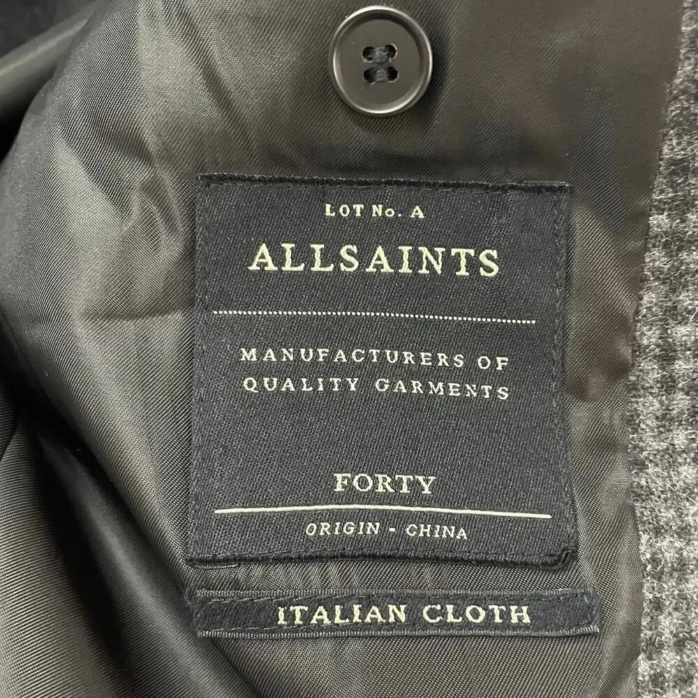 AllSaints Men’s 40 Suit Coat Blazer Wool Blend Leather Elbow Patches Gray Black